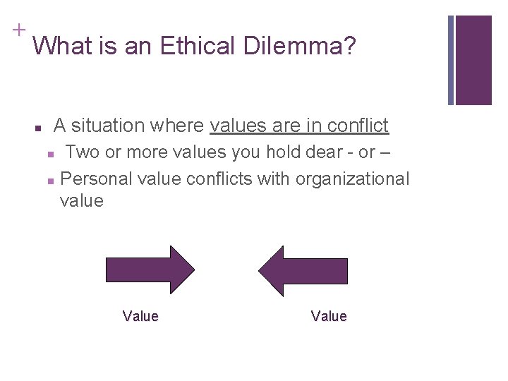 + What is an Ethical Dilemma? n A situation where values are in conflict
