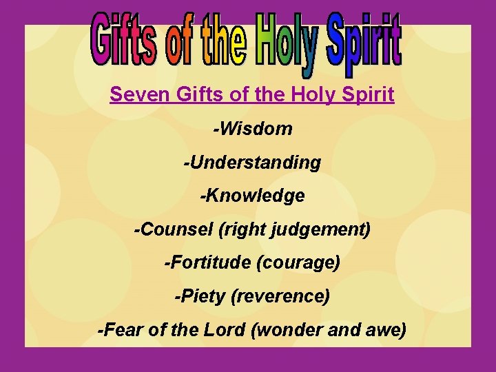 Seven Gifts of the Holy Spirit -Wisdom -Understanding -Knowledge -Counsel (right judgement) -Fortitude (courage)