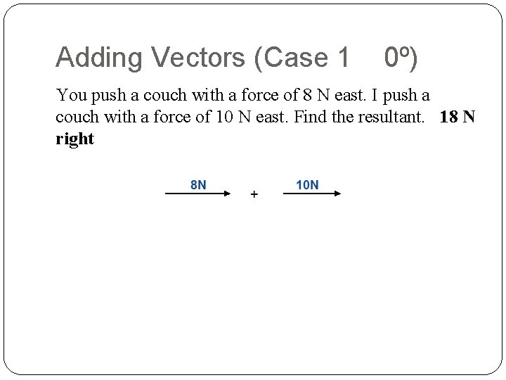 Adding Vectors (Case 1 0º) You push a couch with a force of 8