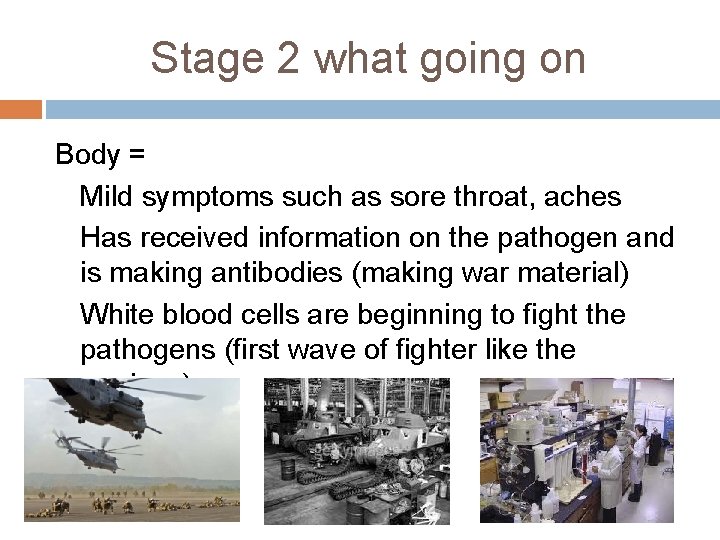 Stage 2 what going on Body = Mild symptoms such as sore throat, aches