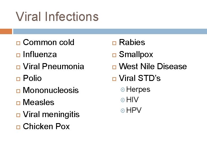 Viral Infections Common cold Influenza Viral Pneumonia Polio Mononucleosis Measles Viral meningitis Chicken Pox