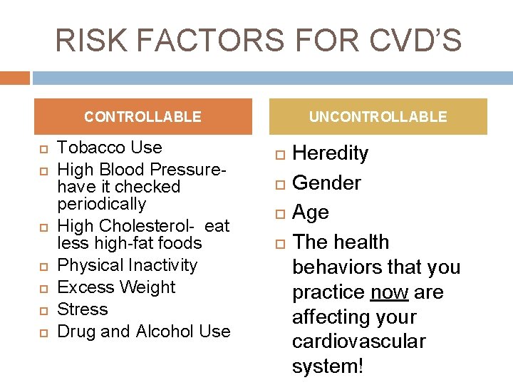 RISK FACTORS FOR CVD’S CONTROLLABLE Tobacco Use High Blood Pressure- have it checked periodically