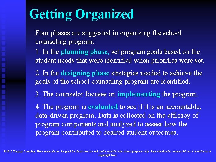 Getting Organized Four phases are suggested in organizing the school counseling program: 1. In