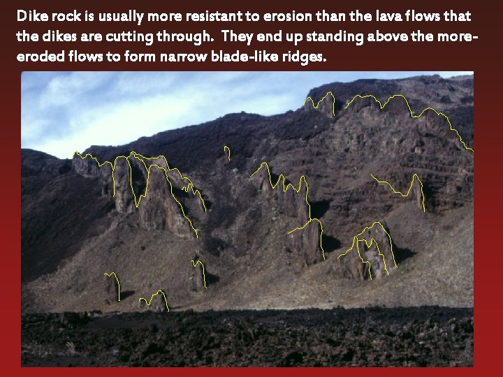 Dike rock is usually more resistant to erosion than the lava flows that the