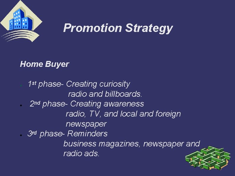 Promotion Strategy Home Buyer ● ● ● 1 st phase- Creating curiosity radio and