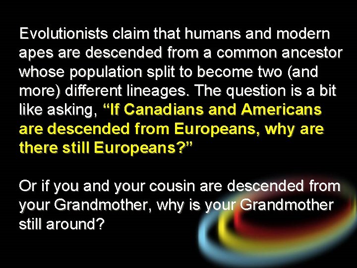 Evolutionists claim that humans and modern apes are descended from a common ancestor whose