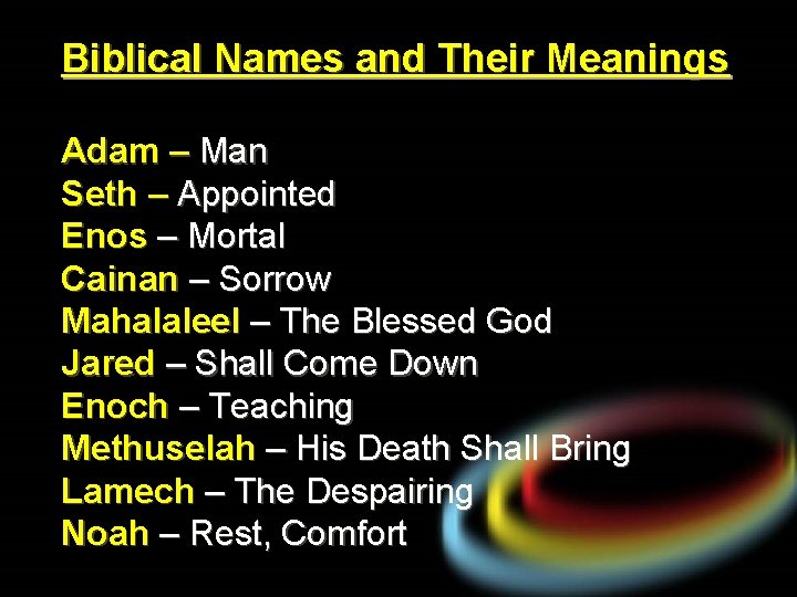 Biblical Names and Their Meanings Adam – Man Seth – Appointed Enos – Mortal