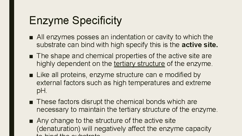 Enzyme Specificity ■ All enzymes posses an indentation or cavity to which the substrate
