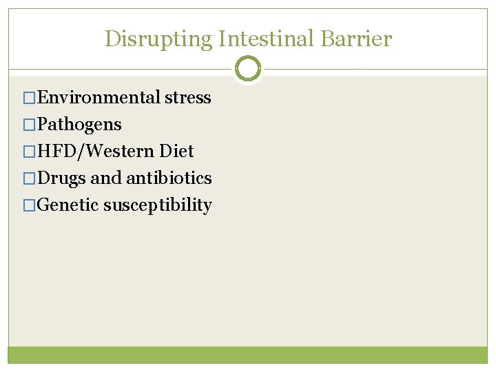 Disrupting Intestinal Barrier �Environmental stress �Pathogens �HFD/Western Diet �Drugs and antibiotics �Genetic susceptibility 