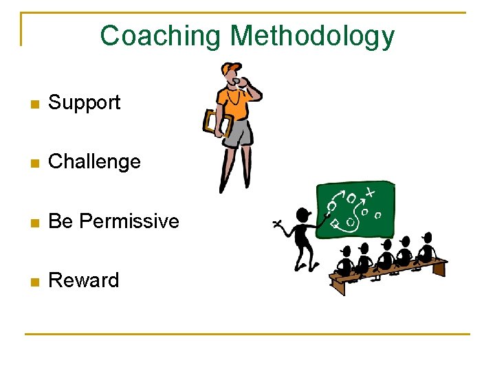 Coaching Methodology n Support n Challenge n Be Permissive n Reward 