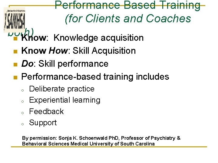  Performance Based Training (for Clients and Coaches both) n Know: Knowledge acquisition n