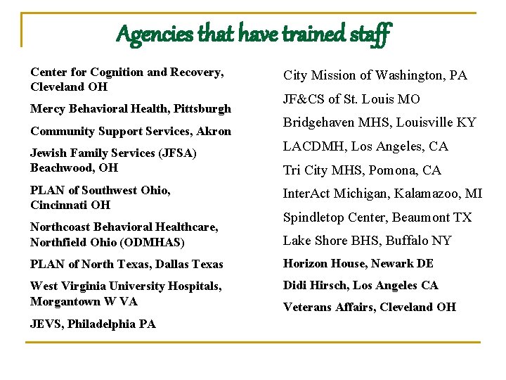 Agencies that have trained staff Center for Cognition and Recovery, Cleveland OH Mercy Behavioral