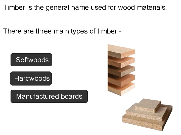Timber is the general name used for wood materials. There are three main types