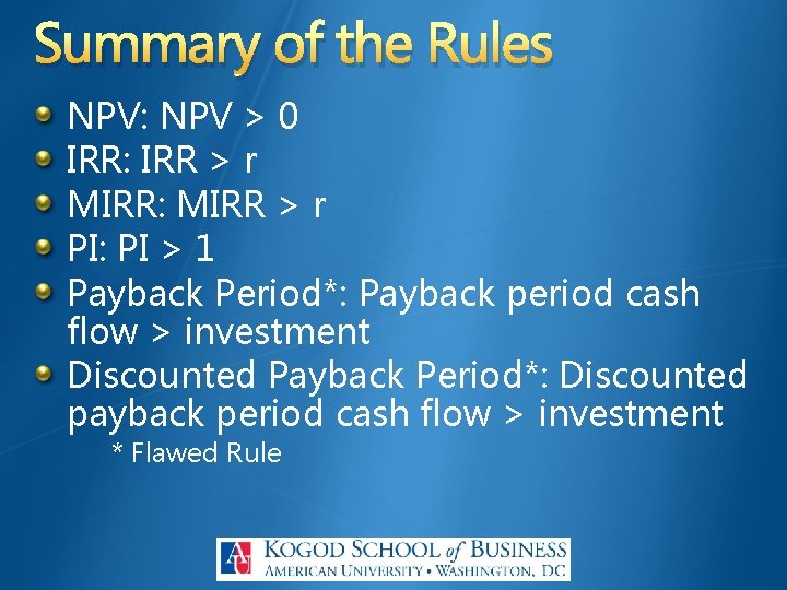 Summary of the Rules NPV: NPV > 0 IRR: IRR > r MIRR: MIRR