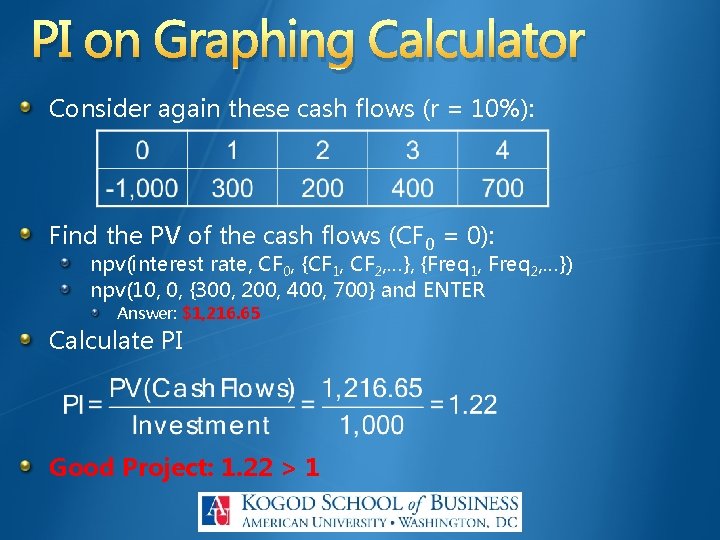 PI on Graphing Calculator Consider again these cash flows (r = 10%): Find the