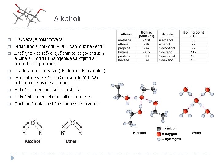 Alkoholi � C-O veza je polarizovana � Strukturno slični vodi (ROH ugao; dužine veza)