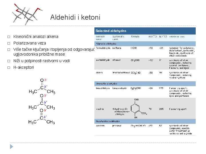 Aldehidi i ketoni � Kiseonični analozi alkena � Polarizovana veza � Više tačke ključanja