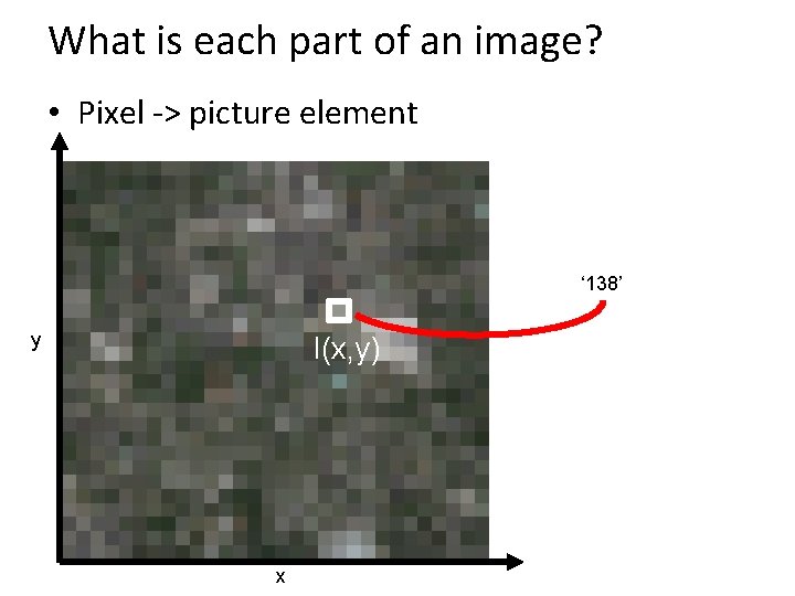 What is each part of an image? • Pixel -> picture element ‘ 138’