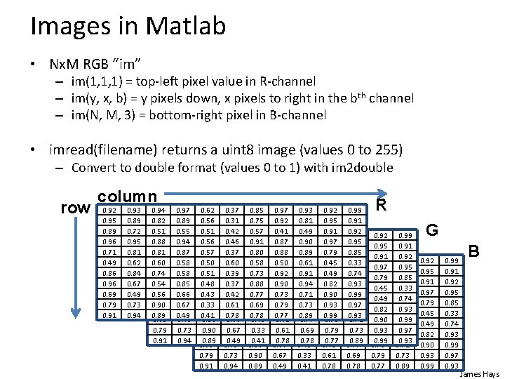 Images in Matlab • Nx. M RGB “im” – im(1, 1, 1) = top-left