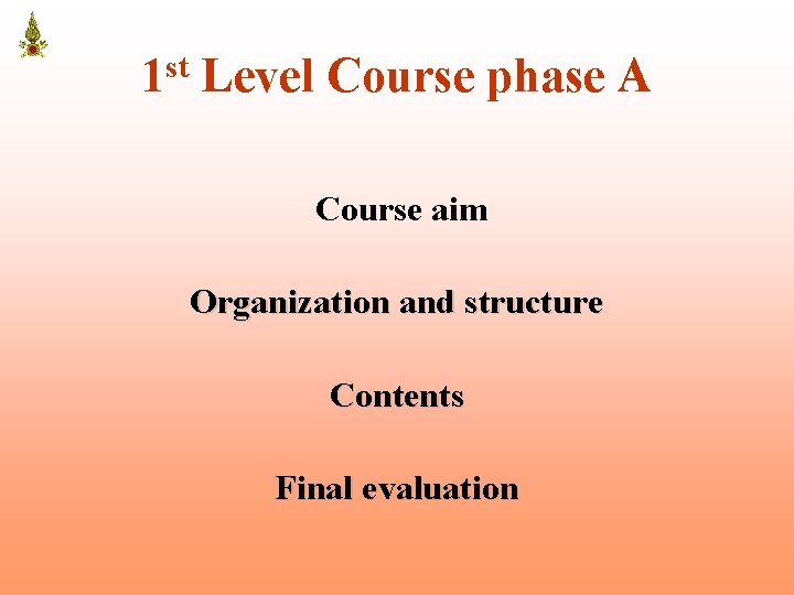 1 st Level Course phase A Course aim Organization and structure Contents Final evaluation