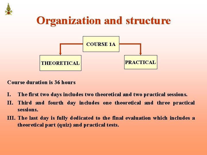 Organization and structure COURSE 1 A THEORETICAL PRACTICAL Course duration is 36 hours I.