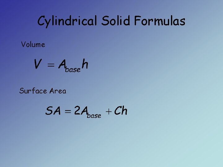 Cylindrical Solid Formulas Volume Surface Area 