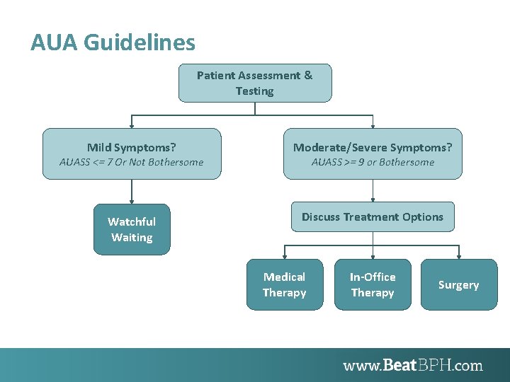 AUA Guidelines Patient Assessment & Testing Mild Symptoms? Moderate/Severe Symptoms? Watchful Waiting Discuss Treatment