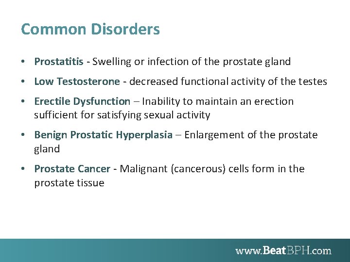 Common Disorders • Prostatitis - Swelling or infection of the prostate gland • Low