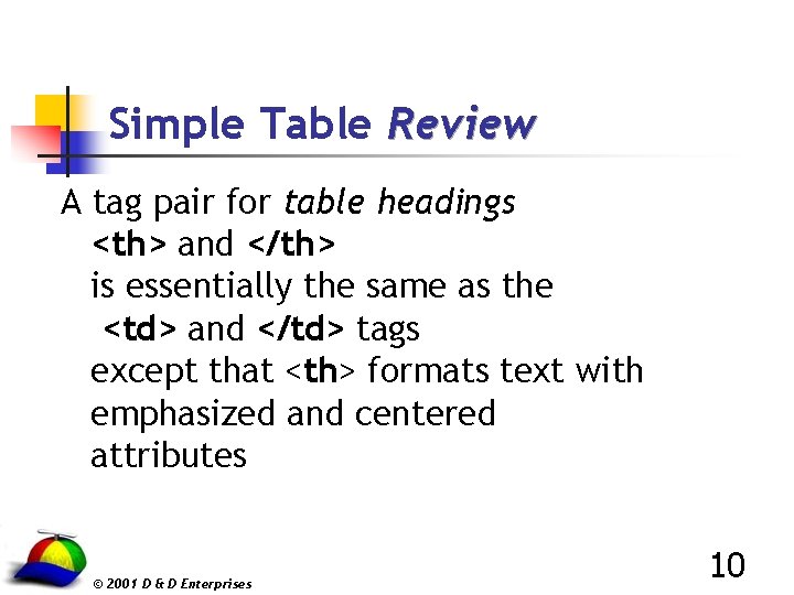Simple Table Review A tag pair for table headings <th> and </th> is essentially