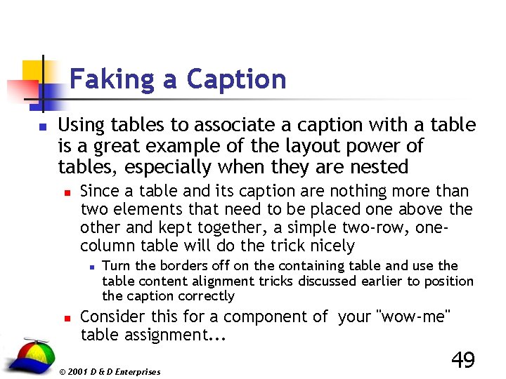 Faking a Caption n Using tables to associate a caption with a table is