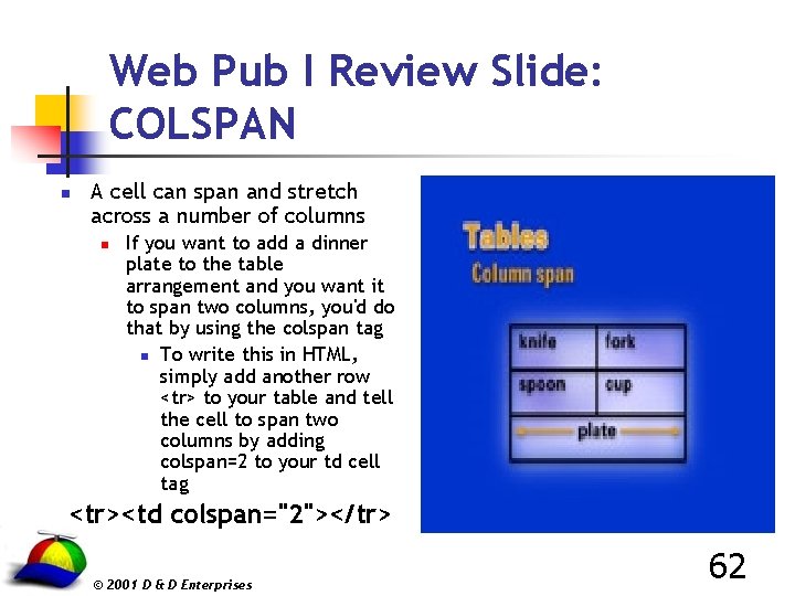 Web Pub I Review Slide: COLSPAN n A cell can span and stretch across