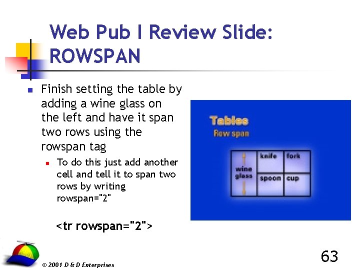 Web Pub I Review Slide: ROWSPAN n Finish setting the table by adding a