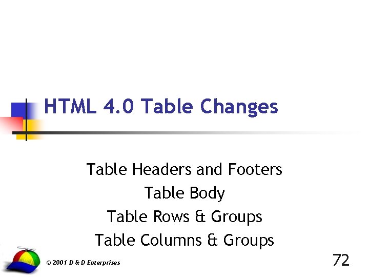 HTML 4. 0 Table Changes Table Headers and Footers Table Body Table Rows &