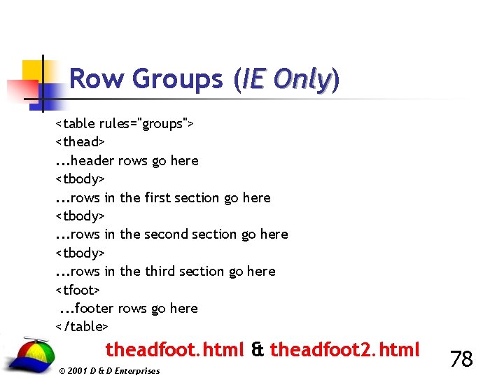 Row Groups (IE Only) Only <table rules="groups"> <thead>. . . header rows go here