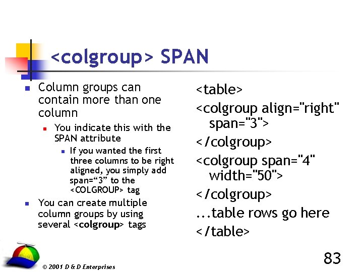 <colgroup> SPAN n Column groups can contain more than one column n You indicate