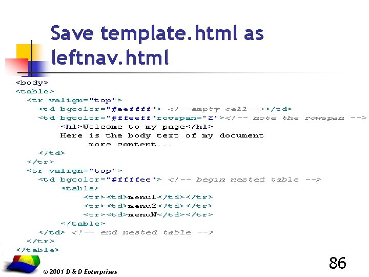 Save template. html as leftnav. html © 2001 D & D Enterprises 86 