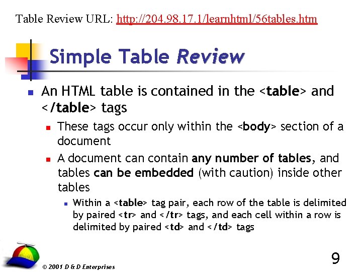 Table Review URL: http: //204. 98. 17. 1/learnhtml/56 tables. htm Simple Table Review n
