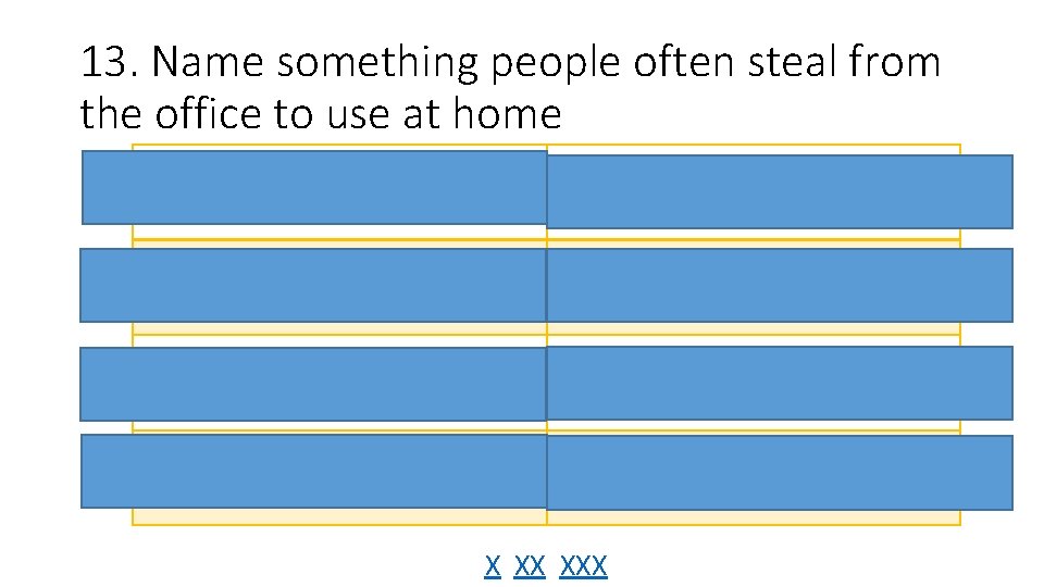 13. Name something people often steal from the office to use at home Pens/pencils