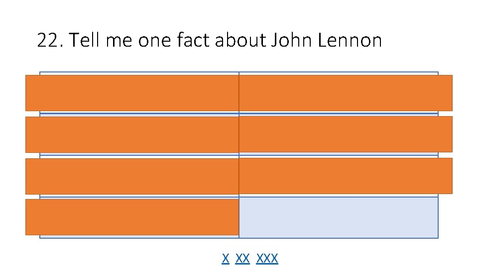22. Tell me one fact about John Lennon Beatles 33 Wore glasses 8 Murdered