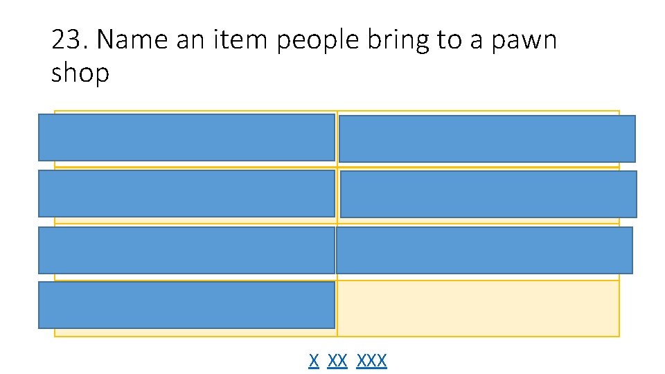 23. Name an item people bring to a pawn shop Jewelry 85 Radio 12