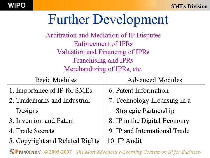 SMEs Division Further Development Arbitration and Mediation of IP Disputes Enforcement of IPRs Valuation