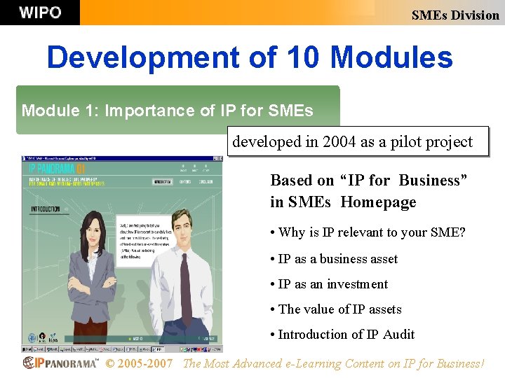 SMEs Division Development of 10 Modules Module 1: Importance of IP for SMEs developed