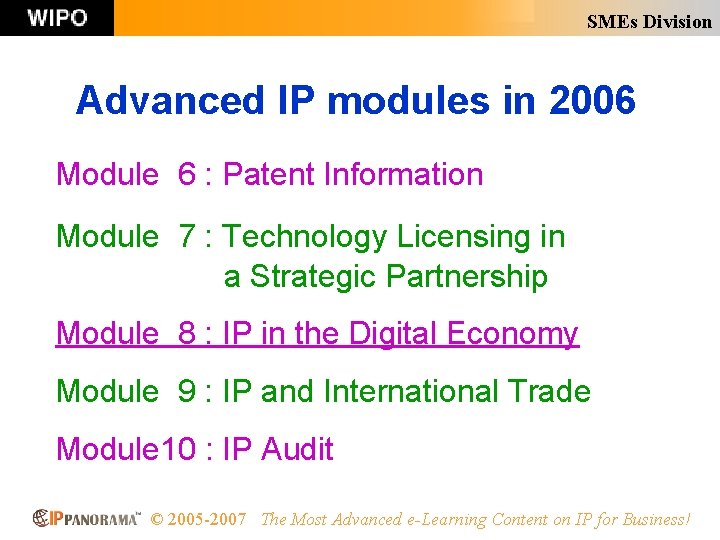 SMEs Division Advanced IP modules in 2006 Module 6 : Patent Information Module 7