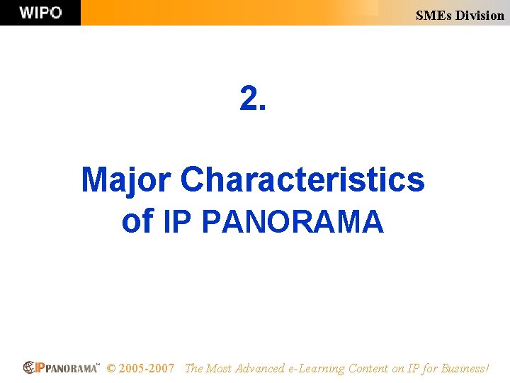 SMEs Division 2. Major Characteristics of IP PANORAMA © 2005 -2007 The Most Advanced