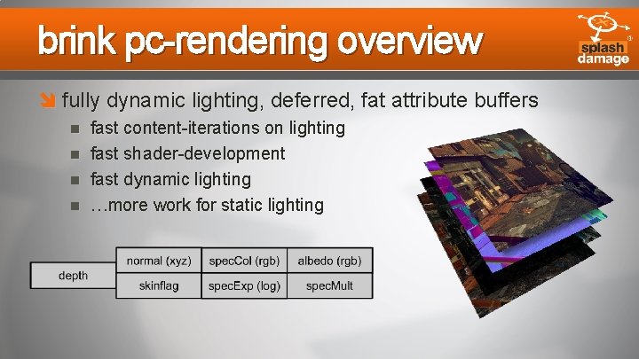 brink pc-rendering overview fully dynamic lighting, deferred, fat attribute buffers fast content-iterations on lighting