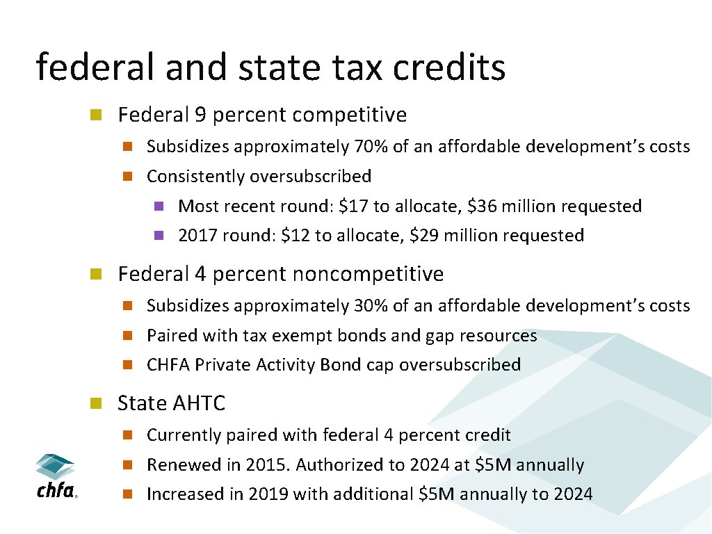 federal and state tax credits Federal 9 percent competitive Subsidizes approximately 70% of an