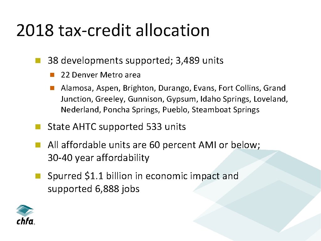 2018 tax-credit allocation 38 developments supported; 3, 489 units 22 Denver Metro area Alamosa,