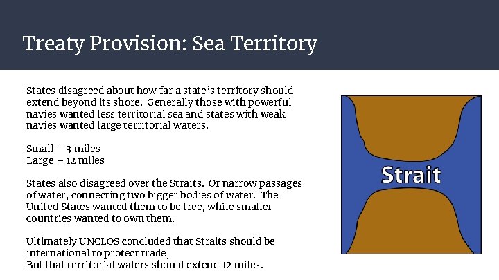 Treaty Provision: Sea Territory States disagreed about how far a state’s territory should extend