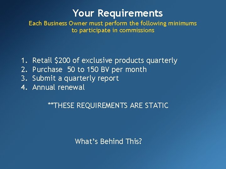 Your Requirements Each Business Owner must perform the following minimums to participate in commissions