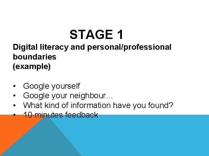 STAGE 1 Digital literacy and personal/professional boundaries (example) • • Google yourself Google your